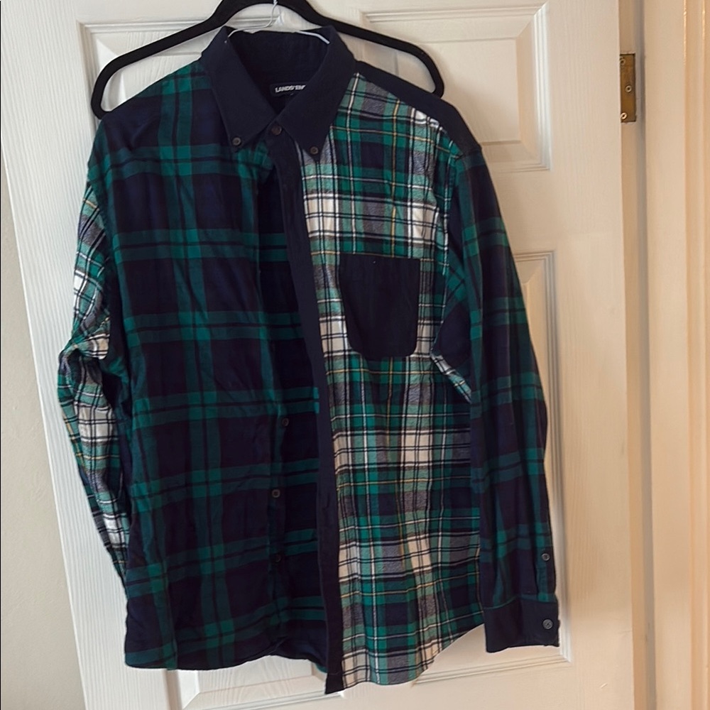 Lands' End Men's Green and Blue Plaid Shirt